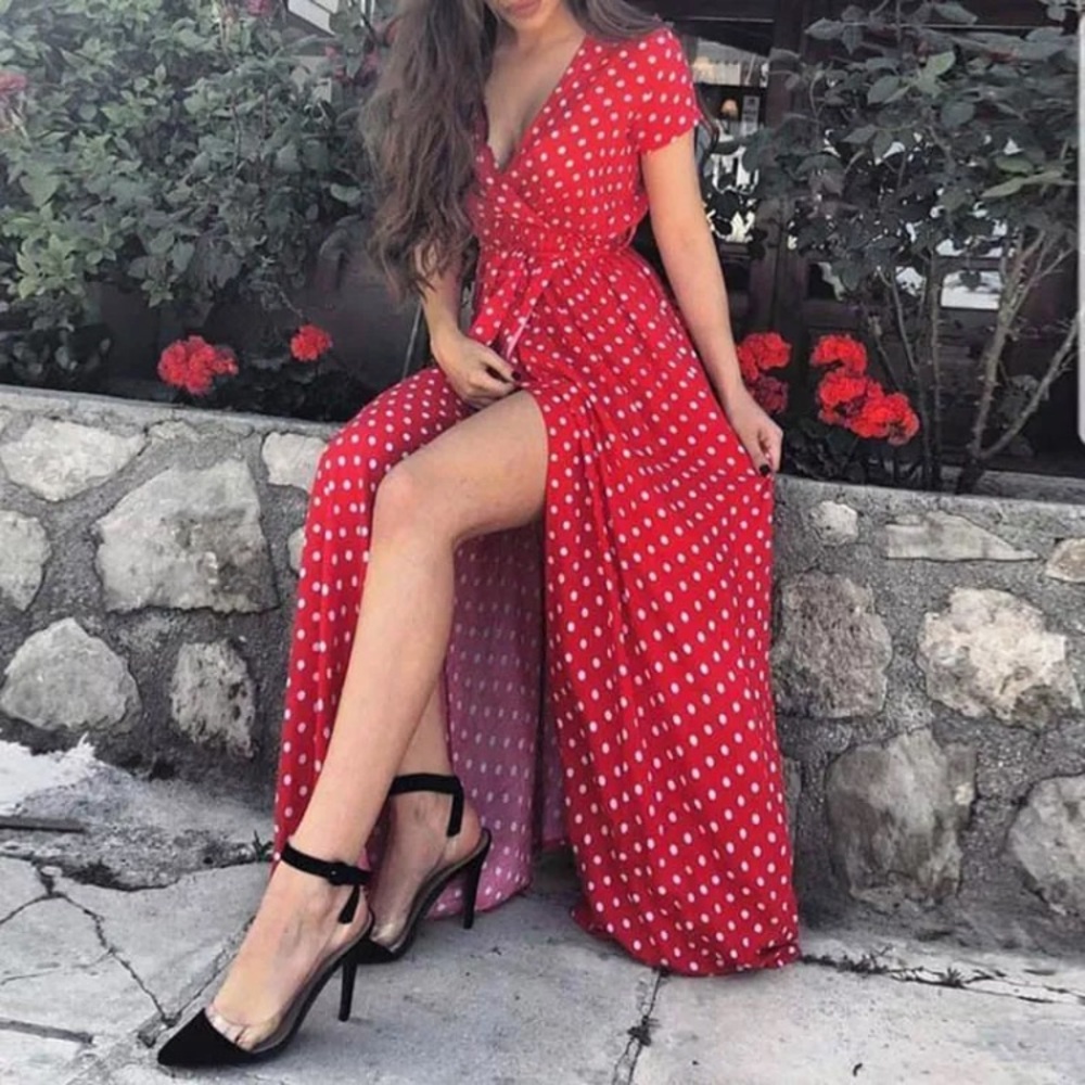 Belted Polka Dot Wrap Maxi Dress